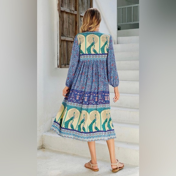 NWOT Bohemian Floral Midi Dress with V Neck and double tie tassel front - Picture 3 of 6